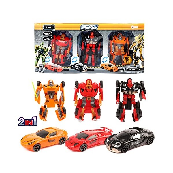 Toi-Toys Roboforces Transformers Robot de Voiture Déformé - Lot de 3 Set Robot Transformable Noir, Rouge et Orange - Figurine