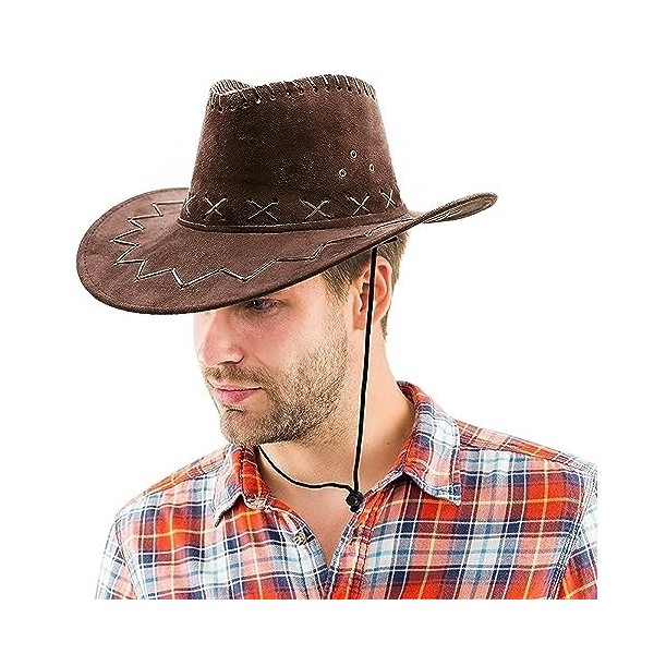 Chapeau de cowboy marron x24 – Imitation daim avec coutures croisées et cordon de serrage – Chapeau de cowboy à large bord ac