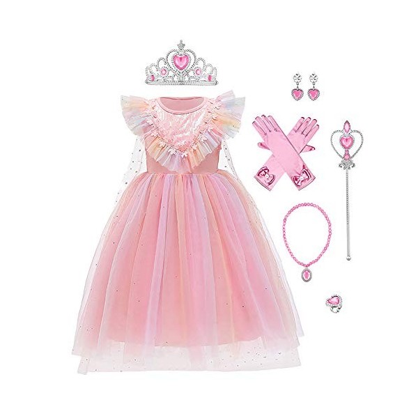 VIROYA 7 PCS Filles Elsa Costume avec Accessoires Princesse Dress Up Cosplay Glace Reine des Neiges Déguisements Enfants Hall