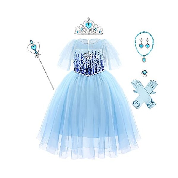 VIROYA 7 PCS Filles Elsa Costume avec Accessoires Princesse Dress Up Cosplay Glace Reine des Neiges Déguisements Enfants Hall