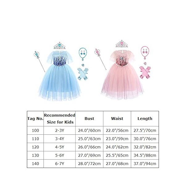 7PCS Filles Elsa Costume avec Accessoires Princesse Habillage Cosplay Ice Queen Fantaisie Robe Enfants Halloween Party Noël C