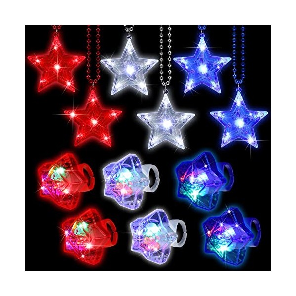 Henoyso Lot de 12 accessoires pour le 4 juillet comprenant 6 colliers lumineux à LED bleues, blanches, rouges, 6 lumières LED
