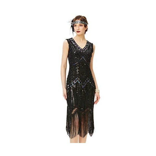 BABEYOND Robe Pailletté pour Femme-Gatsby Costume Set Années 1920 Déguisement Rétro 6Pcs Accessoires pour Fêtes et Soirée,L