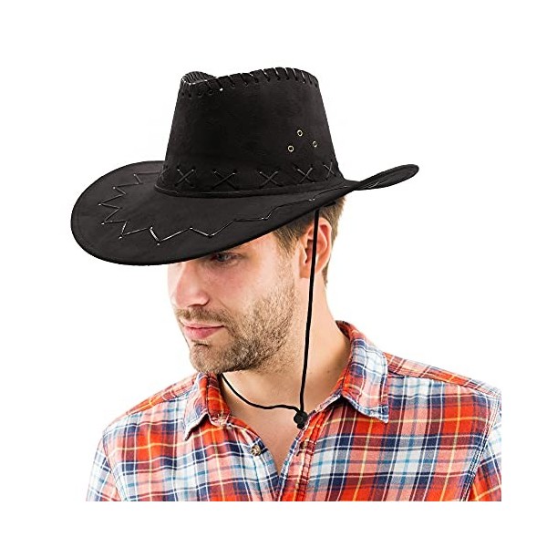 Chapeau de cowboy noir x24 – Imitation daim avec coutures croisées et cordon de serrage – Chapeau de cowboy à large bord acce