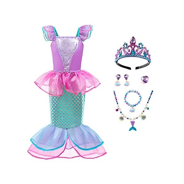 DAONPHARI Filles Petite Sirène Ariel Princesse Robe avec Couronne Collier Boucles doreilles Bracelet Bagues Accessoires Ense