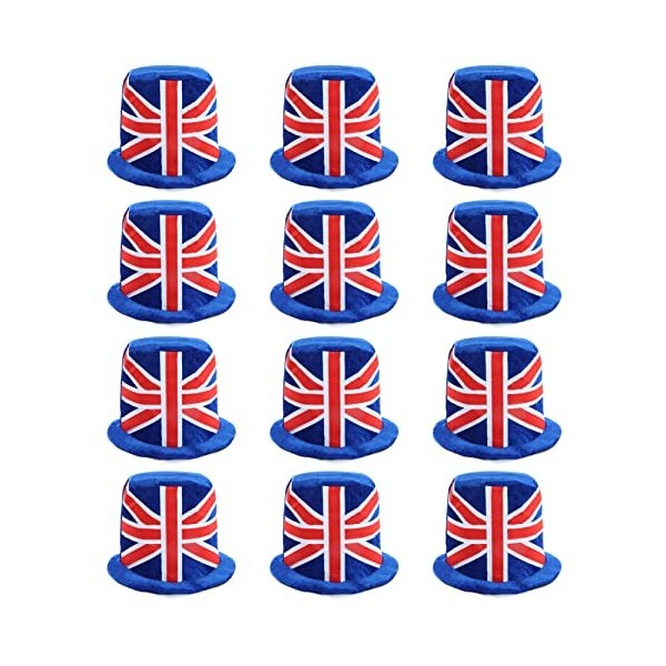 Lot de 12 chapeaux haut-de-forme en velours bleu avec motif drapeau Union Jack - Coronation du roi - Accessoire de déguisemen