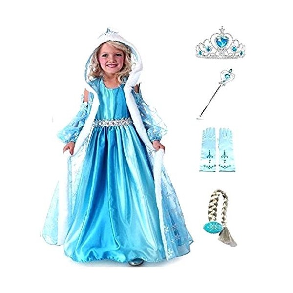 Costume elsa - capuche - cape - halloween - carnaval - accessoires inclus - 130 - 6/7 ans - idée cadeau originale frozen