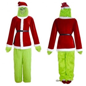 WXHJM Père Noël Costume Masque 7 pièces Vert Costume Monstre épaissi et Chaud de Noël Accessoires de fête de Santa Dress Up C