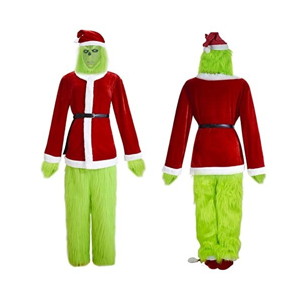WXHJM Père Noël Costume Masque 7 pièces Vert Costume Monstre épaissi et Chaud de Noël Accessoires de fête de Santa Dress Up C