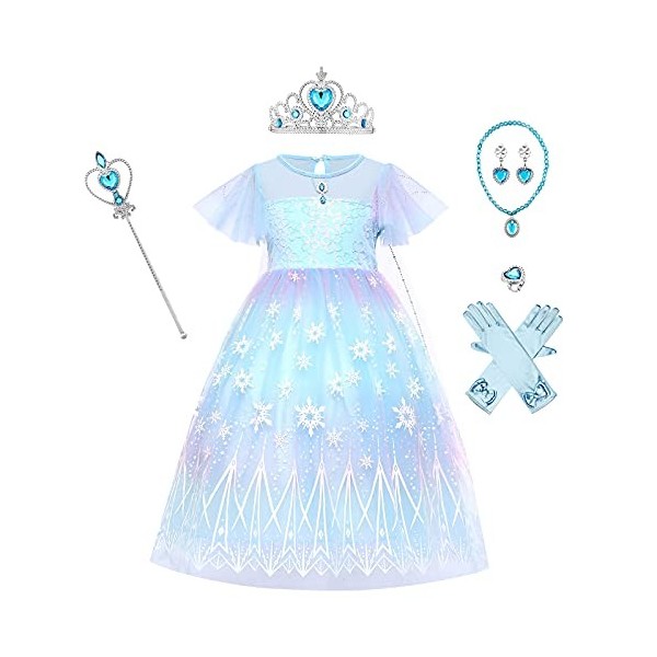 7PCS Filles Elsa Costume avec Accessoires Princesse Habillage Cosplay Ice Queen Fantaisie Robe Enfants Halloween Party Noël C