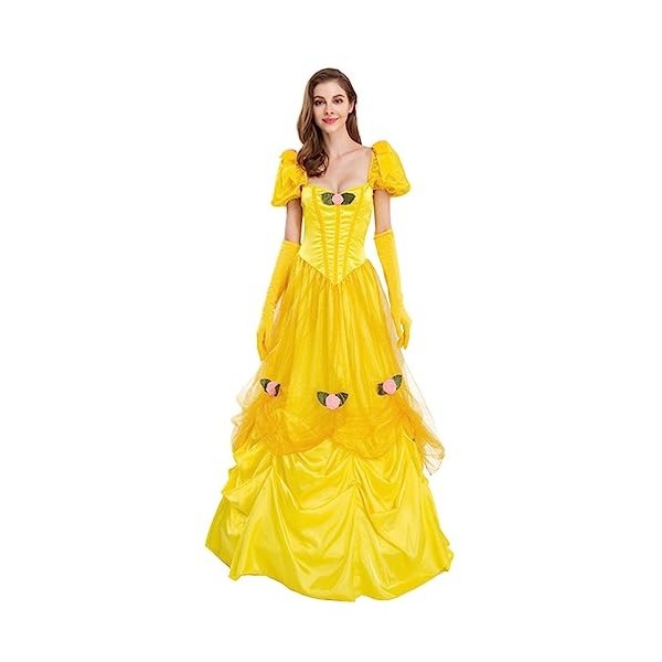 LANGWEI Femmes Halloween Costumes Adultes Fée Reine Princesse Marraine Robe Cosplay Costume Accessoires,Jaune,S