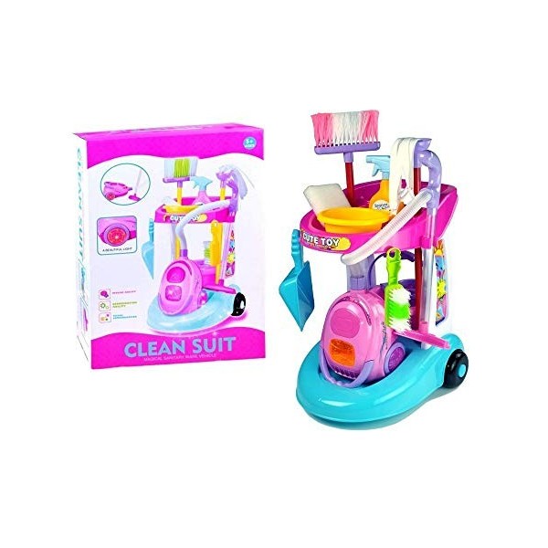 Lean Toys Chariot avec aspirateur et accessoires de nettoyage.