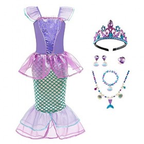 DAONPHARI Filles Petite Sirène Ariel Princesse Robe avec Couronne Collier Boucles doreilles Bracelet Bagues Accessoires Ense