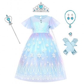 7PCS Filles Elsa Costume avec Accessoires Princesse Habillage Cosplay Ice Queen Fantaisie Robe Enfants Halloween Party Noël C