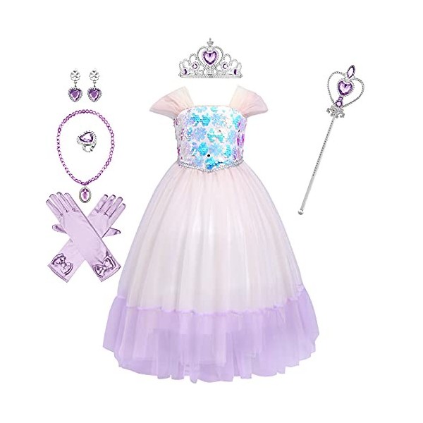 VIROYA Elsa Dress Up pour Filles Ice Snow Queen Dress Up Costume Paillettes Flocon de Neige Princesse Robe + Accessoires Cont