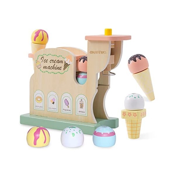 Smartwo Crème Glacée Jouets en Bois, Machine à Glace, Jouet Glacier Bois, Jeu dimitation 3 Ans Accessoires de Marchande & Cu