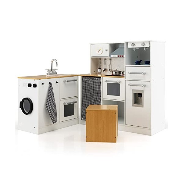 COSTWAY Cuisine Enfants Multifonctionnelle Bois avec Machine à Laver,Jeux d’Imitation Cuisinière avec Sons et Lumière Réels,T