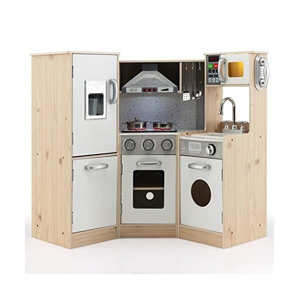 COSTWAY Cuisine Enfants Multifonctionnelle Bois avec Machine à Laver,Jeux d’Imitation Cuisinière avec Sons et Lumière Réels,T