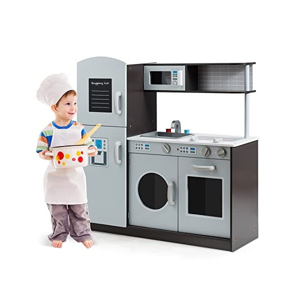 COSTWAY Cuisine Enfants Multifonctionnelle Bois avec Machine à Laver,Jeux d’Imitation Cuisinière avec Sons et Lumière Réels,T