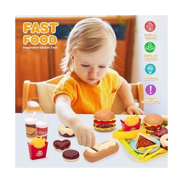 Jouet Aliment Cuisine Dinette Enfant, Jouets Alimentaires avec Hamburger, Hot-Dogs, Dessert, Biscuits, Donuts et Plateau, Jeu