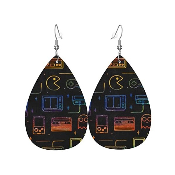 OPSREY Boucles doreilles en cuir avec motif de jeu vidéo imprimé, taille unique, Simili cuir