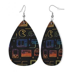 OPSREY Boucles doreilles en cuir avec motif de jeu vidéo imprimé, taille unique, Simili cuir