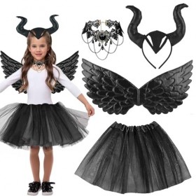 Lot de 4 costumes de reine cornes, costume dHalloween avec collier en dentelle gothique, coiffe avec ailes et chaîne de sorc