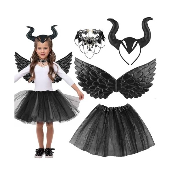 Lot de 4 costumes de reine cornes, costume dHalloween avec collier en dentelle gothique, coiffe avec ailes et chaîne de sorc