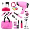 20Pcs faire semblant de jouer ensemble de maquillage Faux kit de jouets cosmétiques avec sèche-cheveux rose, peigne, ciseaux,