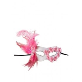 CARNIVAL TOYS Masque demi-face en plastique blanc et rose avec roses et plumes décorations/en-tête.