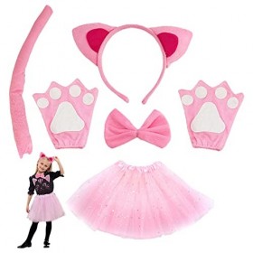 TSHAOUN 6 Pièces Chat Déguisement Animal, Chat Cosplay Set Avec Chat Oreilles Queue Tutu Jupe Noeud Papillon Griffe Gants pou