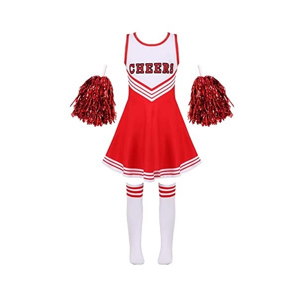 ranrann Enfant Fille Uniforme de Pompom Girl Déguisement Robe avec Pompons Costume Carnaval Halloween Performance 3-16 Ans Ty