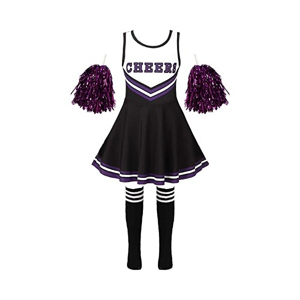 ranrann Enfant Fille Uniforme de Pompom Girl Déguisement Robe avec Pompons Costume Carnaval Halloween Performance 3-16 Ans Ty