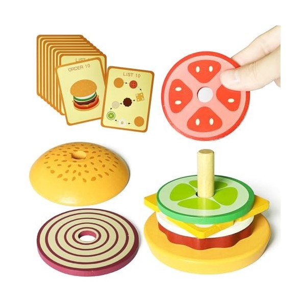 Bois Empilable Hamburger Jouet, Cuisine Enfant en Bois Montessori Jouet Faux Alimentaires Jouet Jeu dimitation Enfant Pain P