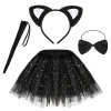 HIFOT 4 pièces Déguisement Chat Fille, Noir Tutu Jupe Bandeau Queue Noeud Papillon,Costume de chat Enfant fête Halloween Carn