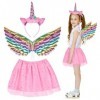 Fennonal Jupe de Licorne 3pcs pour Enfants Costume de Licorne pour Fille - Ensemble de Cosplay Rose - Tutu certain - Ailes-po