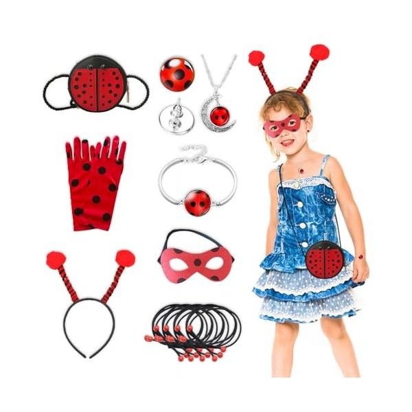 Infreecs 11 Pièces Ensemble de Déguisements pour Coccinelles, Jeux de Cosplay Coccinelle avec Sac, Masque, Collier, Gants, Br