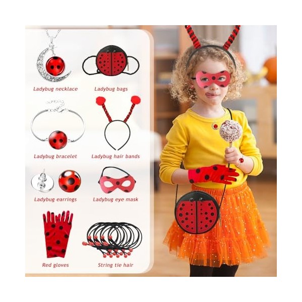 Infreecs 11 Pièces Ensemble de Déguisements pour Coccinelles, Jeux de Cosplay Coccinelle avec Sac, Masque, Collier, Gants, Br