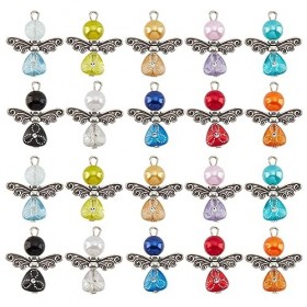 GOMAKERER 40 pièces Breloques Ailes dange, Alliage de Couleur Mélangée Fée Ange Pendentifs Perles de Coeur Acrylique avec Pe