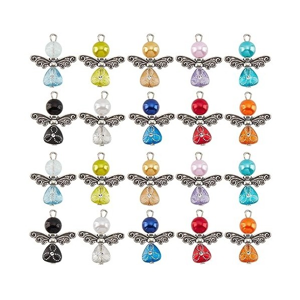 GOMAKERER 40 pièces Breloques Ailes dange, Alliage de Couleur Mélangée Fée Ange Pendentifs Perles de Coeur Acrylique avec Pe