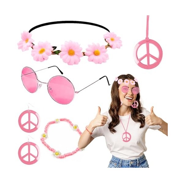 Lot de 6 accessoires de costume hippie des années 60 et 70 pour fille et femme, lunettes de soleil, fleur, bandeau, signe de 