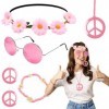 Lot de 6 accessoires de costume hippie des années 60 et 70 pour fille et femme, lunettes de soleil, fleur, bandeau, signe de 