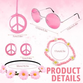 Lot de 6 accessoires de costume hippie des années 60 et 70 pour fille et femme, lunettes de soleil, fleur, bandeau, signe de 