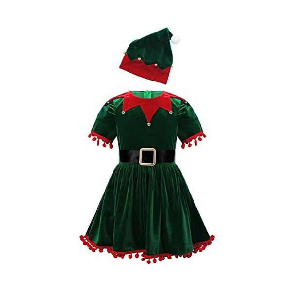 Oyolan Enfant Fille Déguisement Lutin de Noël Robe Velours/Paillette Costume Noël Tenue Cosplay Mère Noël Spectacle 3-14 Ans 