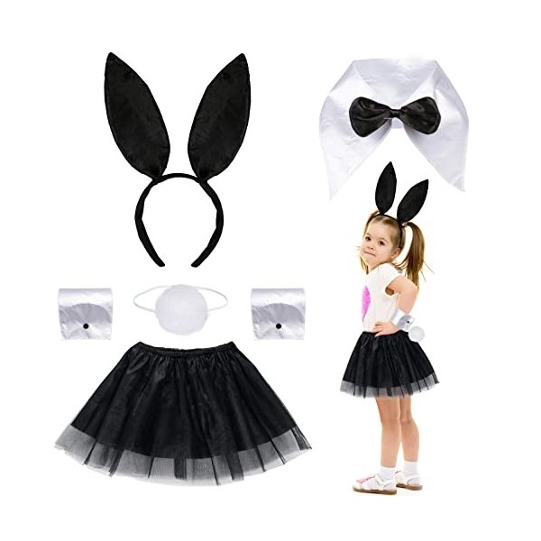 Fennoral 6pcs Costume de Lapin pour Enfants Costume de Lapin Noir Costume de Lapin de Pâques - Bandeau de Lapin Tulle Tutu Co