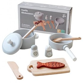 Cuisine en Bois, 9 Pièces pour Tout-Petits, Accessoires Cuisine, Casseroles Et Poêles avec Poisson Carpe pour Enfants, Jeu Cu