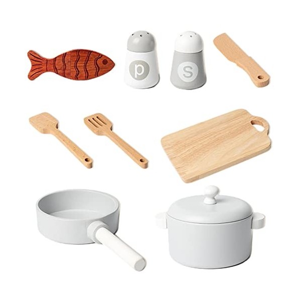 Cuisine en Bois, 9 Pièces pour Tout-Petits, Accessoires Cuisine, Casseroles Et Poêles avec Poisson Carpe pour Enfants, Jeu Cu