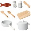 Cuisine en Bois, 9 Pièces pour Tout-Petits, Accessoires Cuisine, Casseroles Et Poêles avec Poisson Carpe pour Enfants, Jeu Cu