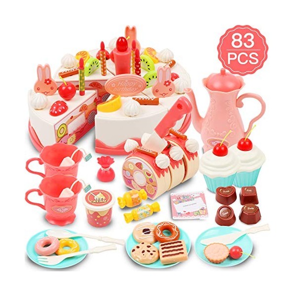 DigHealth 83 Pièces Gâteau Anniversaire Jouet avec Bougies, Fruit, Crème glacée, des Biscuits, Dessert, Bonbons et Chocolat p