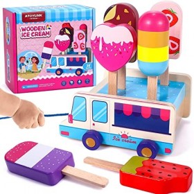 Jouet Marchande de Glace Jouet en Bois Jouet Chariot de Glaces Dinette Enfant Jeux de Rôle Jeux dImitation Éducatif Cadeau p